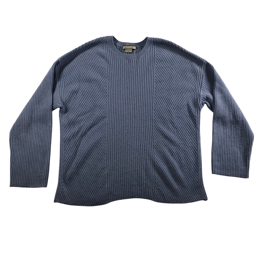 Amicale New York Blue 100% Cashmere Ribbed Crew Neck Sweater Small